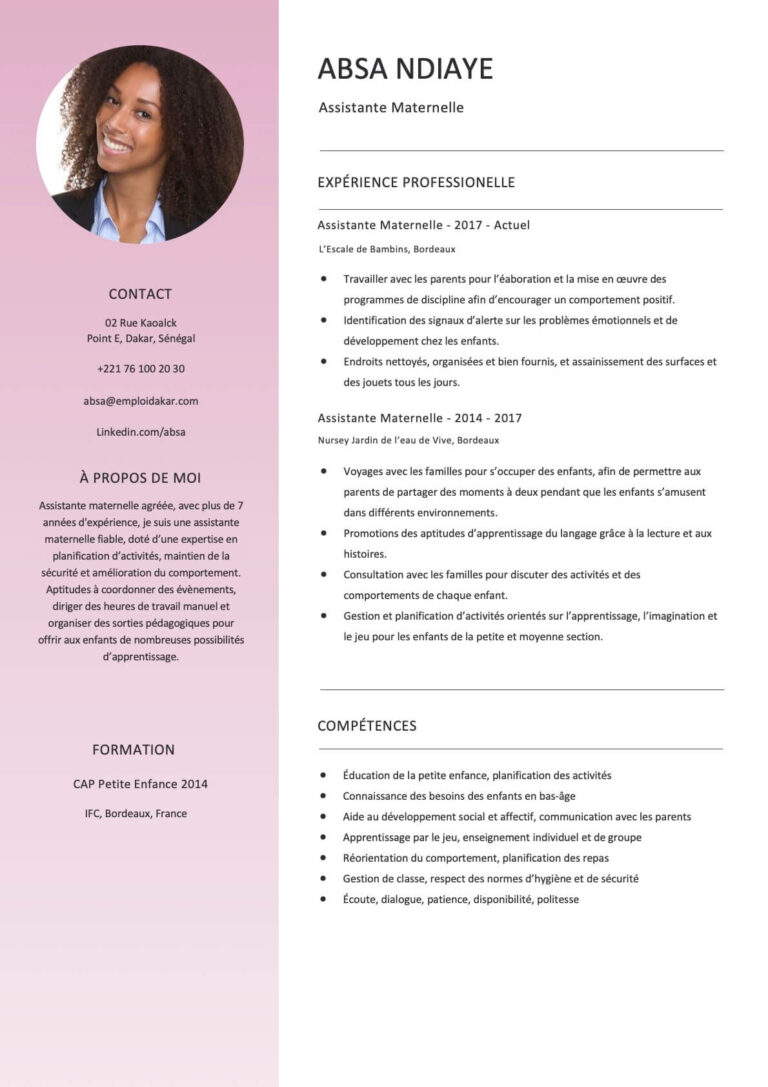 exemple de cv assistante maternelle nounou gratuit  telecharger word